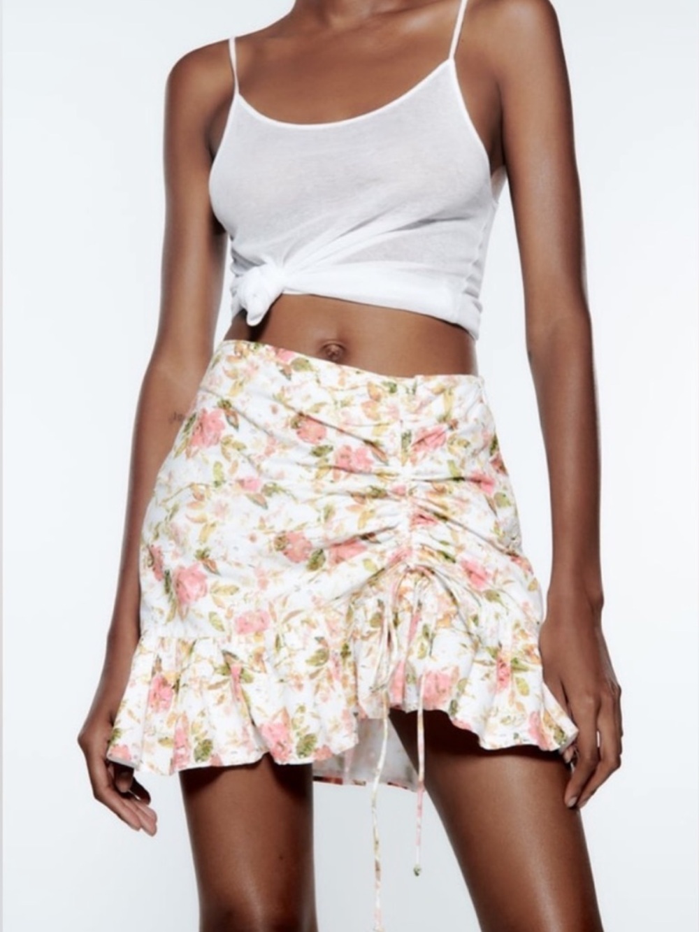 Zara Pink White Floral Ruffle Hem Tie Front Cottagecore Islet Mini Skirt Sz S